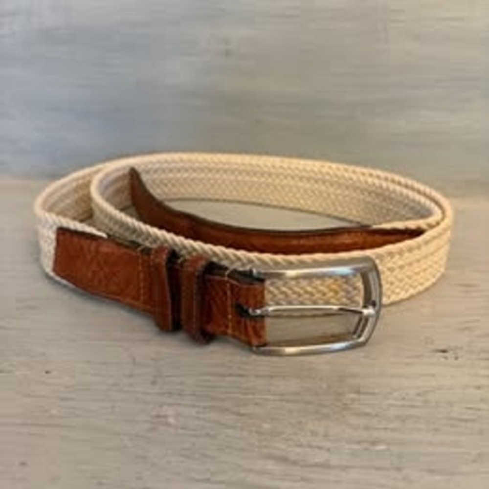 Torino Men's Cream Woven Stretch Belt w/ Brown Leather Trim 47-51"‎ GC